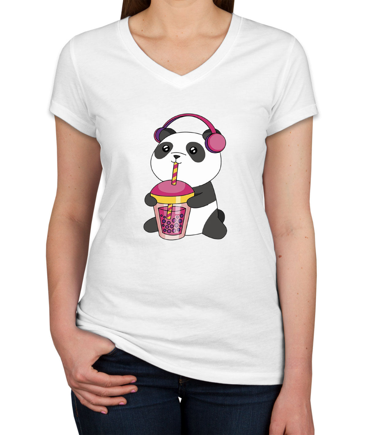 Panda Drinking Bubble Tea Women's V Neck T-shirt
