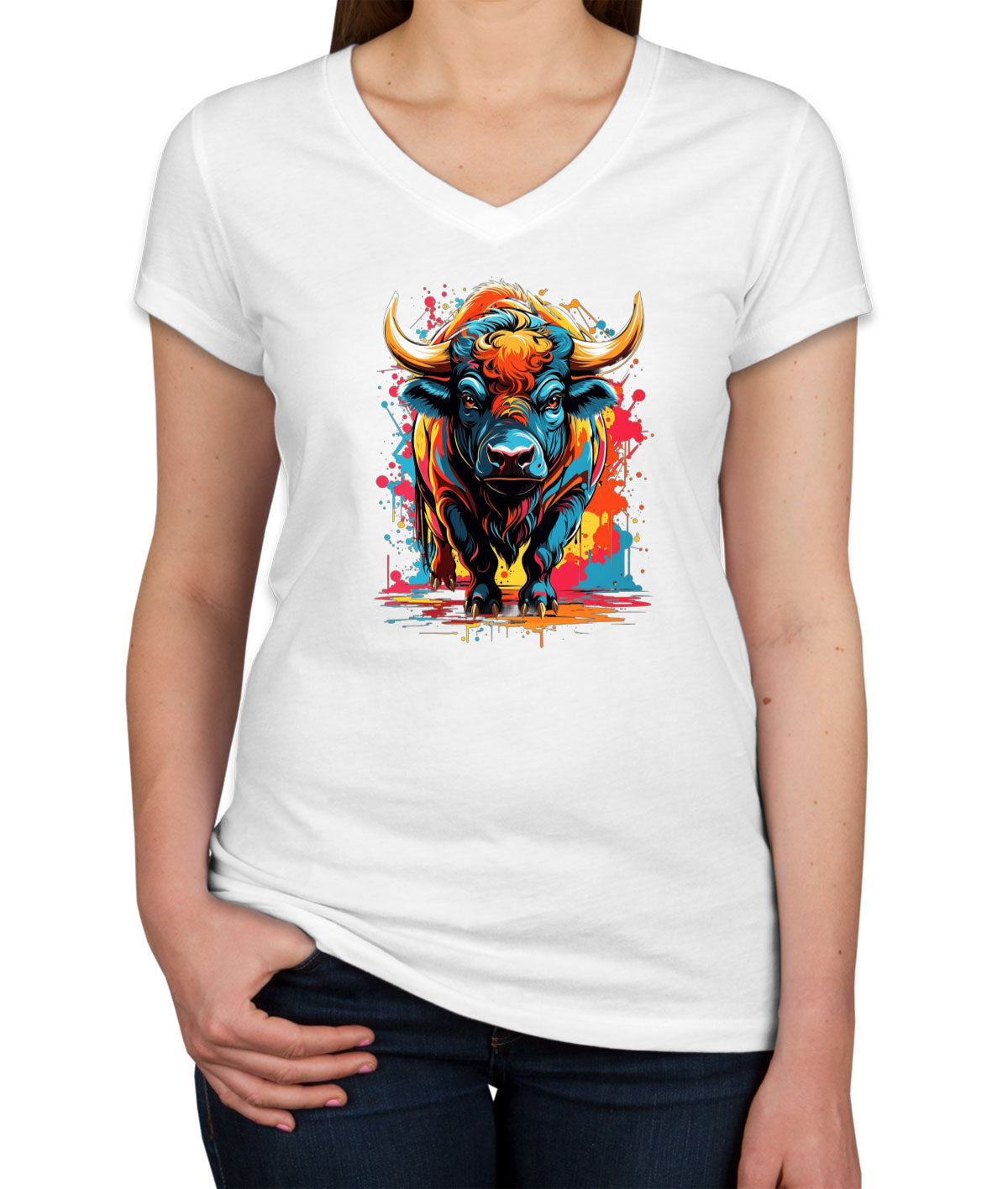 Illustration Colorful Bull Women's V Neck T-shirt