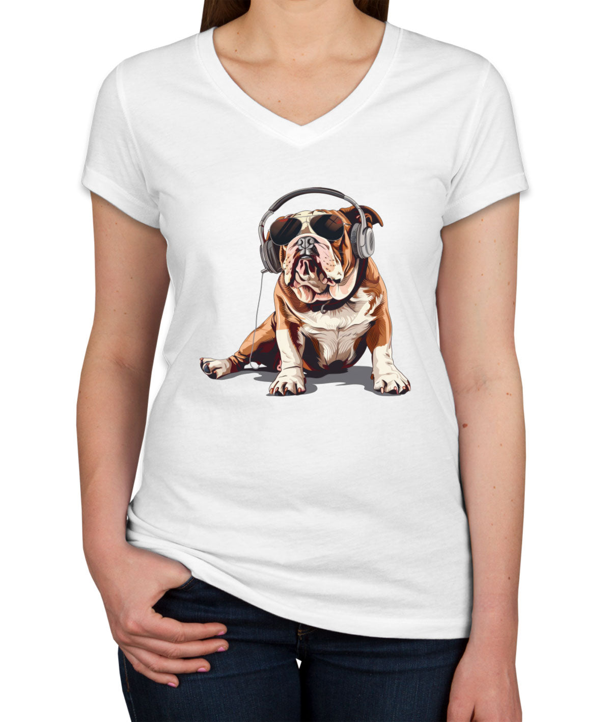 Bulldog With Headphone Women's V Neck T-shirt