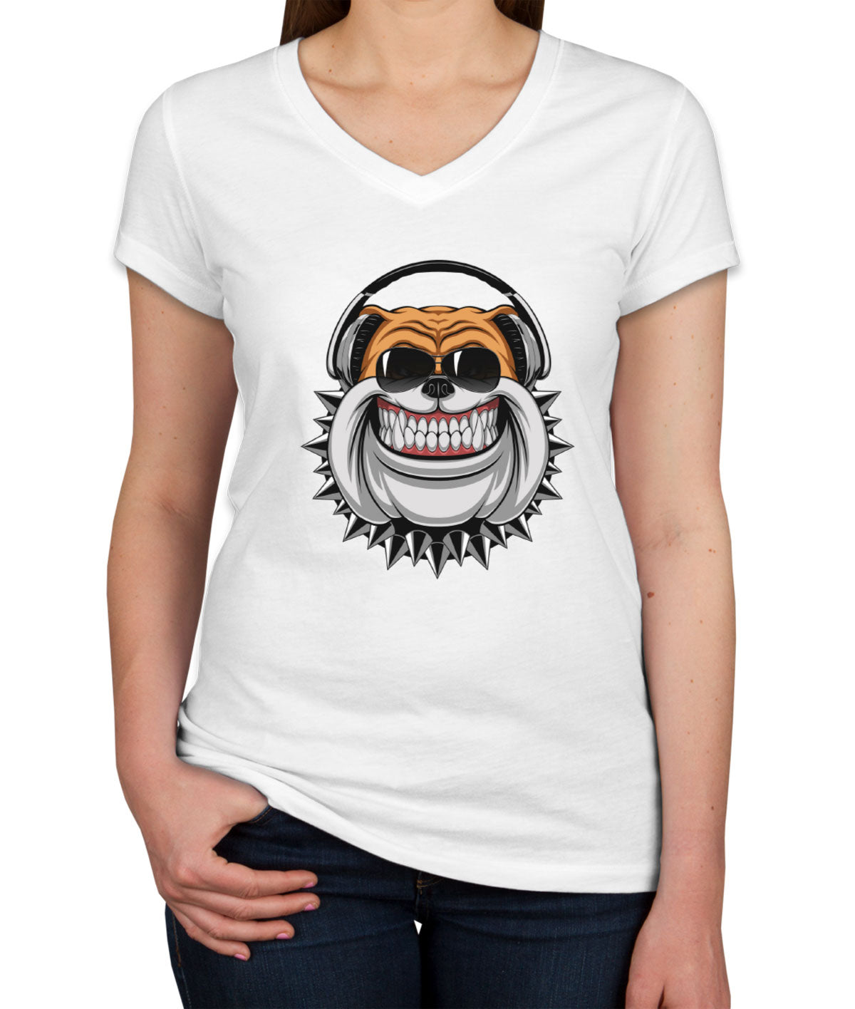 Bulldog With Headphone Cartoon Women's V Neck T-shirt