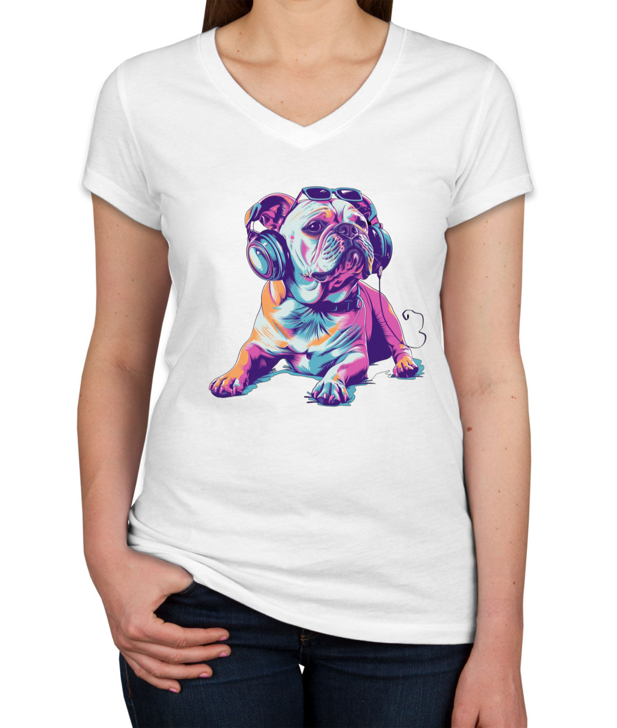 Bulldog With Headphone And Sunglasses Women's V Neck T-shirt