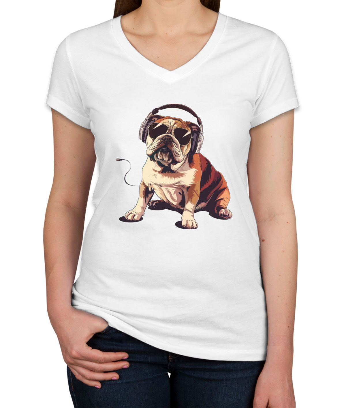 Bulldog With Headphone Women's V Neck T-shirt