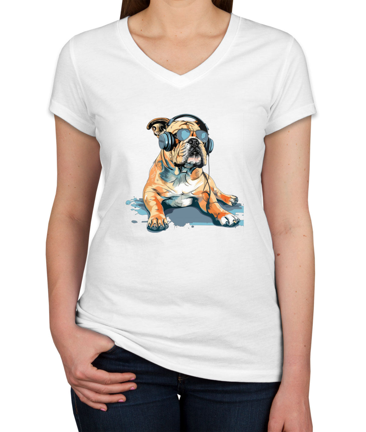 Bulldog With Headphone And Sunglasses Women's V Neck T-shirt