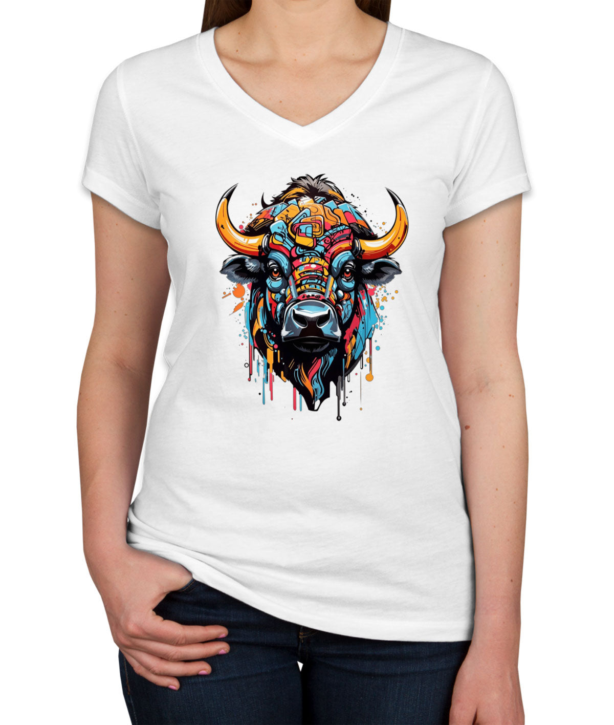 Illustration Colorful Bull head Women's V Neck T-shirt