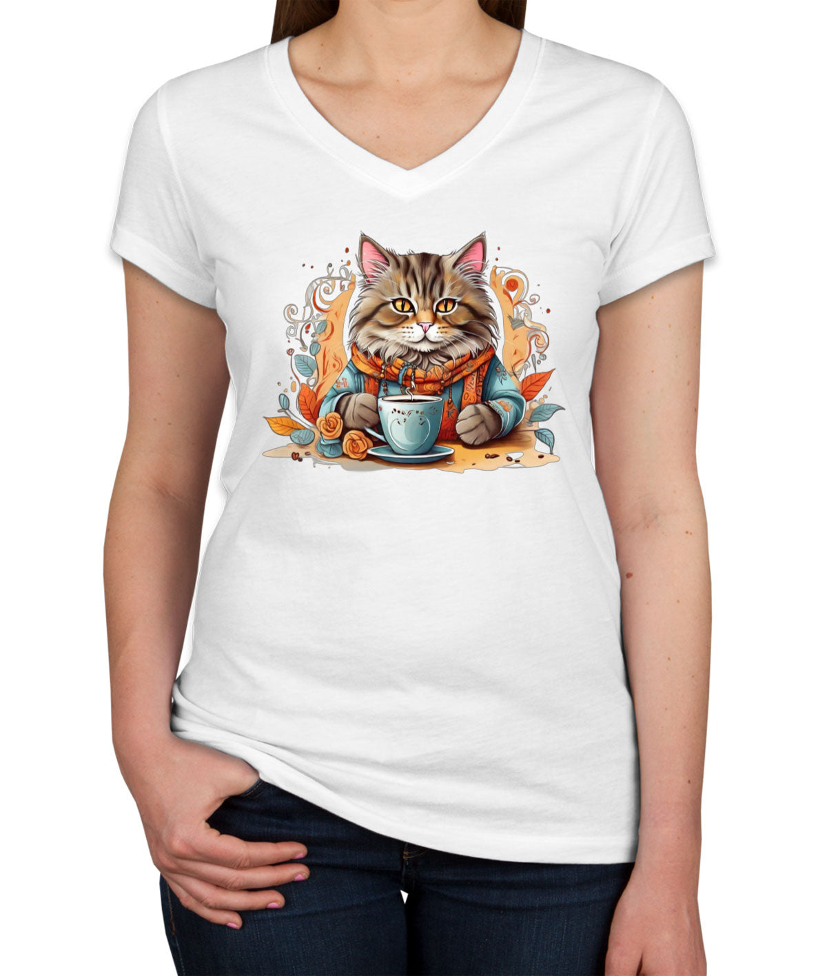 Cat Coffee Lover Women's V Neck T-shirt