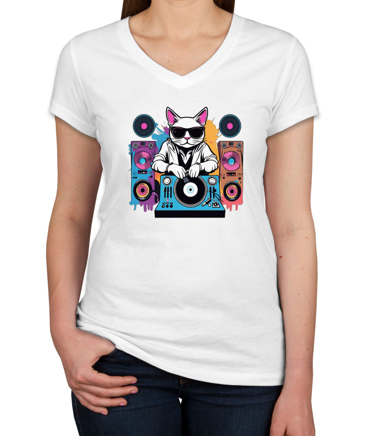 Cool Dj Cat Women's V Neck T-shirt