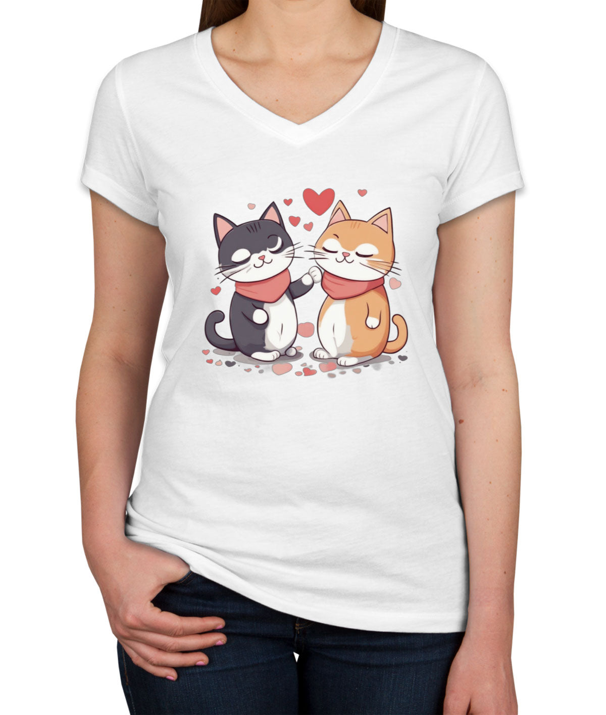 Cute Cat Couples Valentine's Day Women's V Neck T-shirt