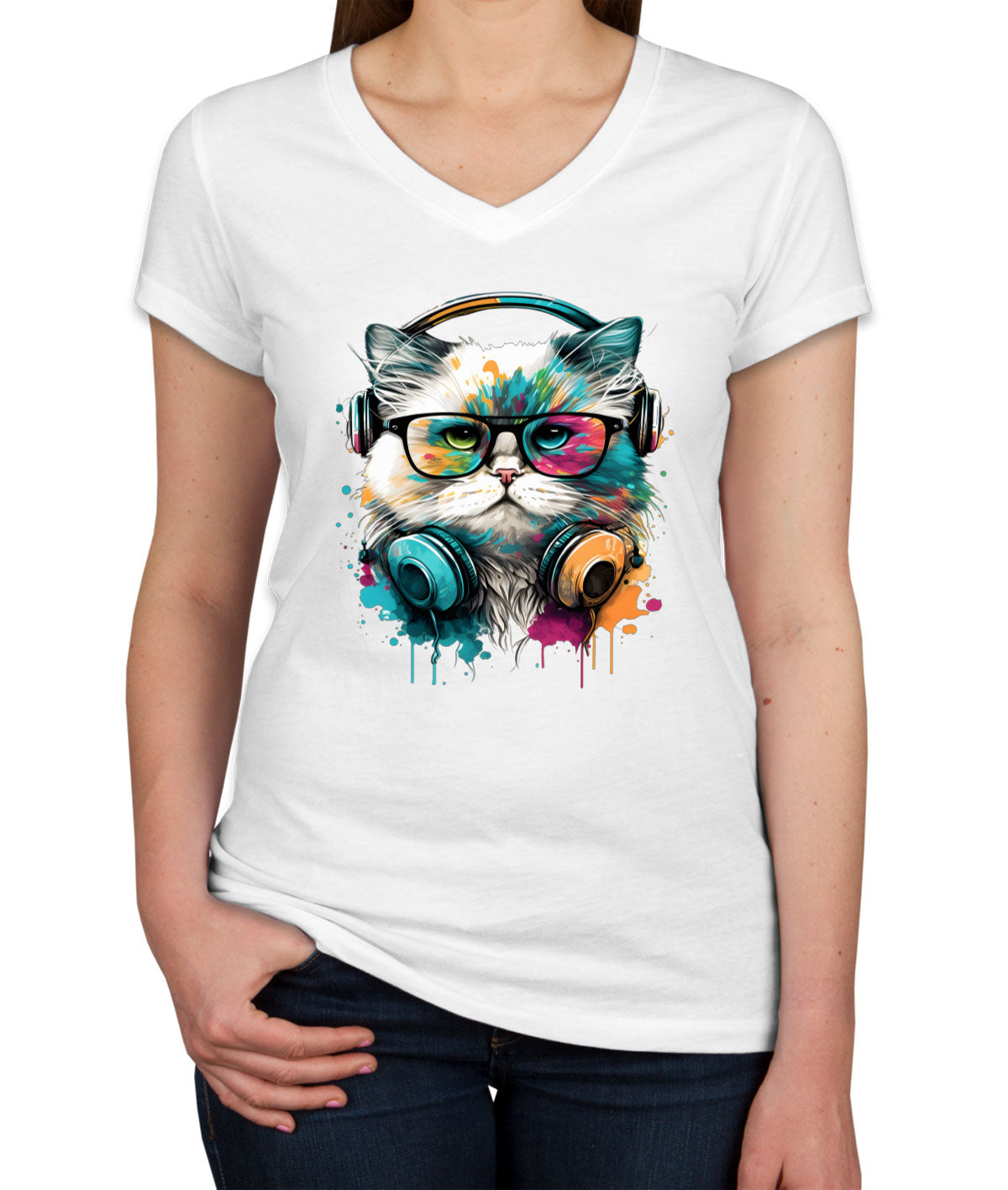 Cat Wearing Glasses Women's V Neck T-shirt