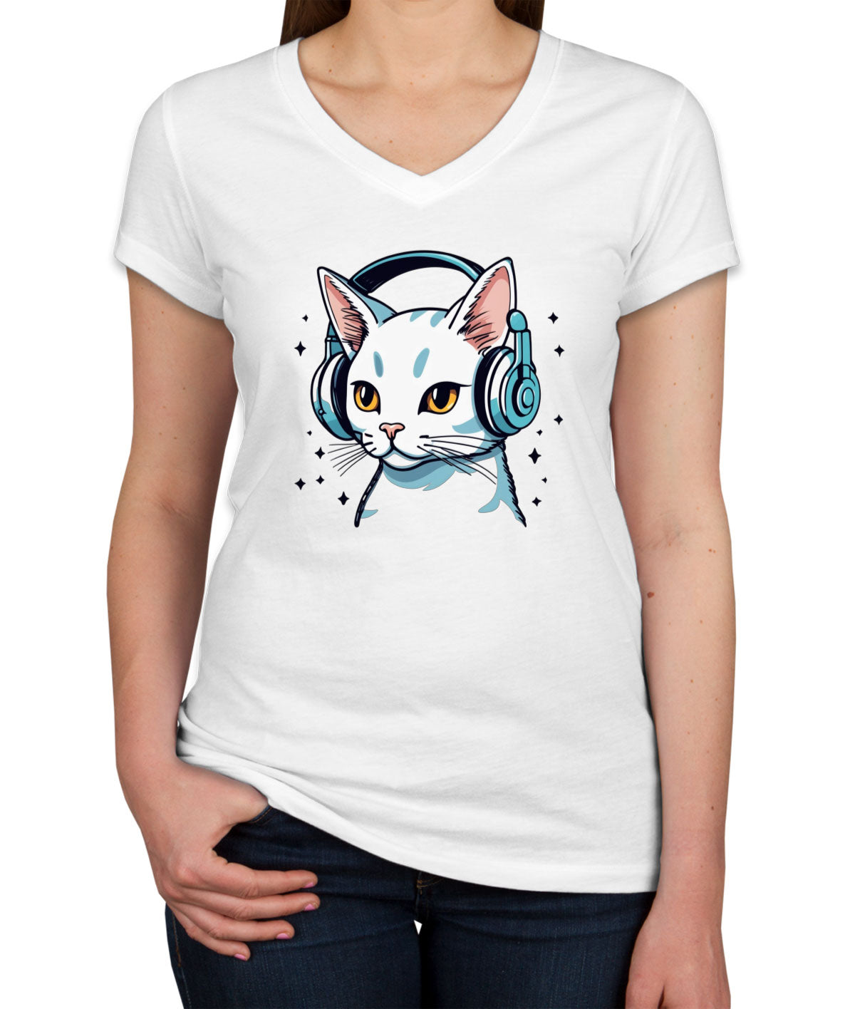 Cool Cat With Headphone Women's V Neck T-shirt