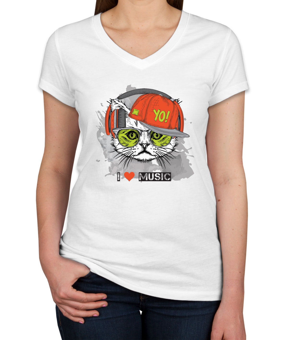 I Love Music Cat With Headphones Women's V Neck T-shirt