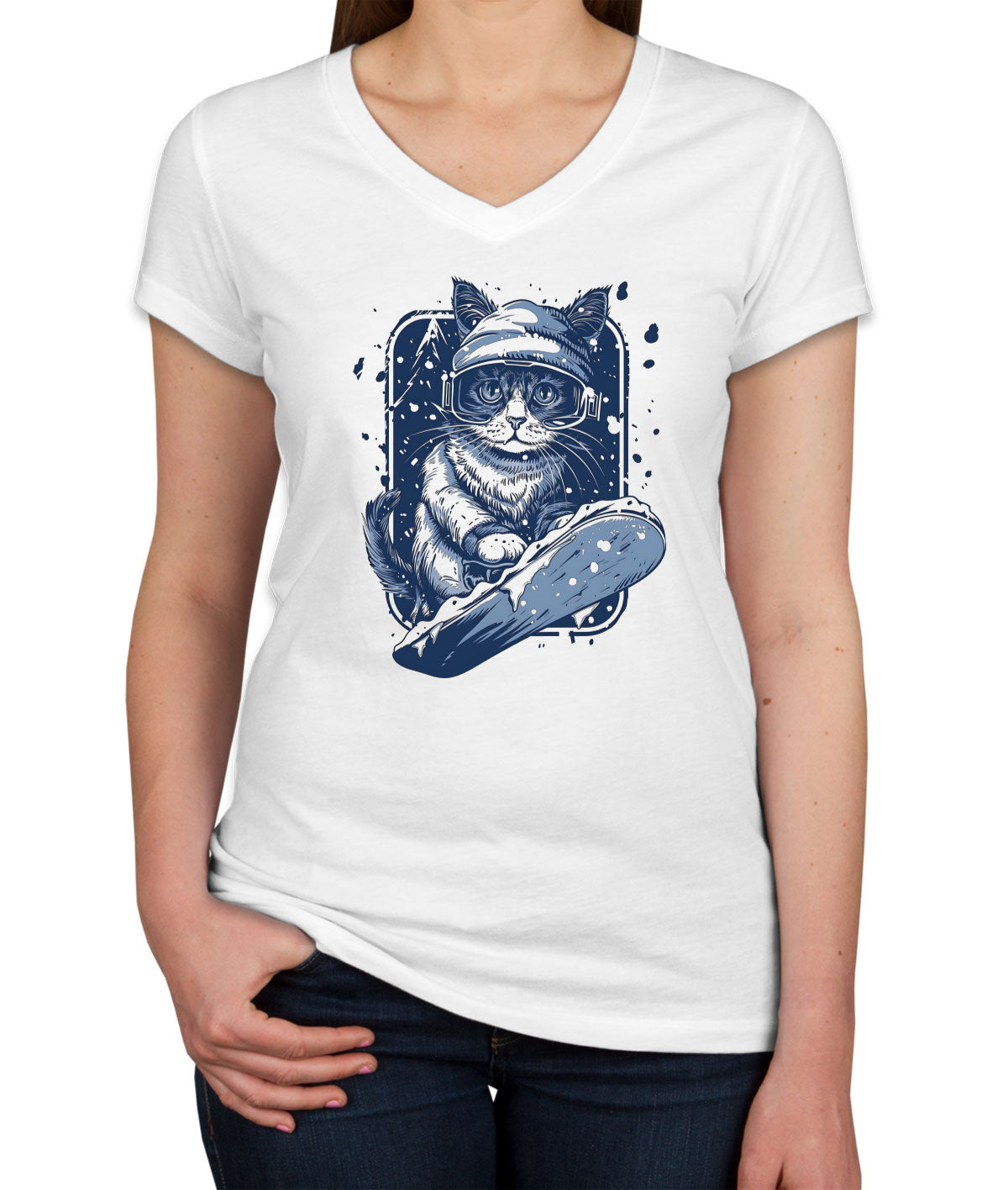 Snowboarding Cat Women's V Neck T-shirt