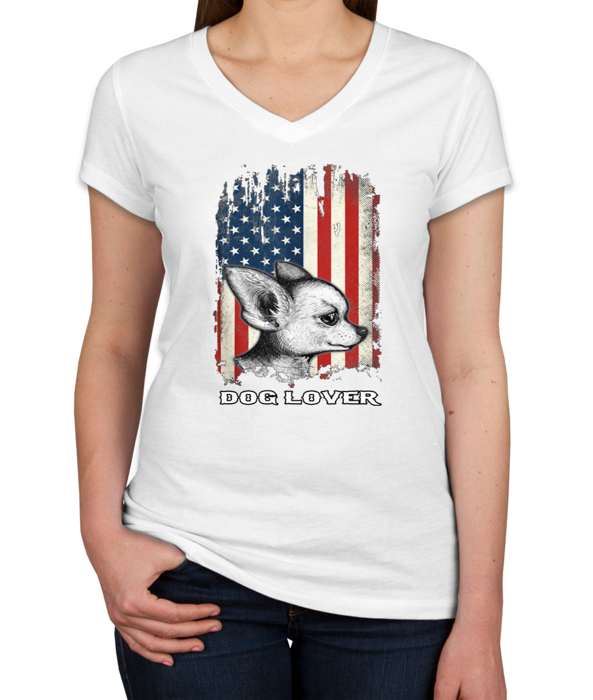 Chihuahua Dog Lover With American Flag Women's V Neck T-shirt