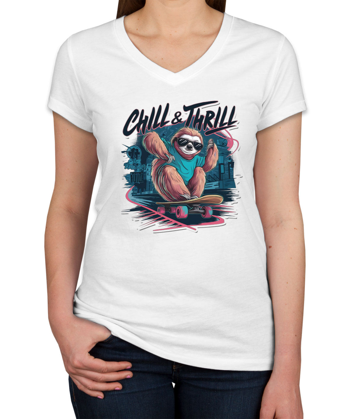 Chill And Thrill Sloth Women's V Neck T-shirt