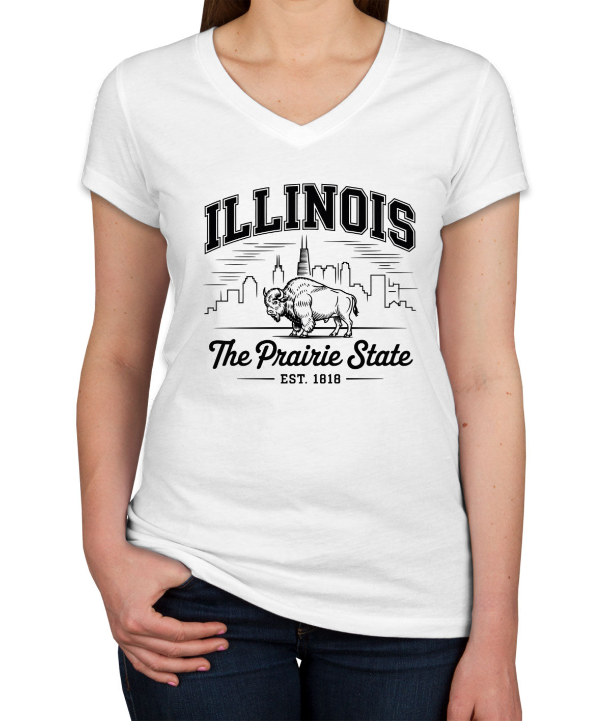 Illinois Cityscape Illustration The Prairie State Women's V Neck T-shirt