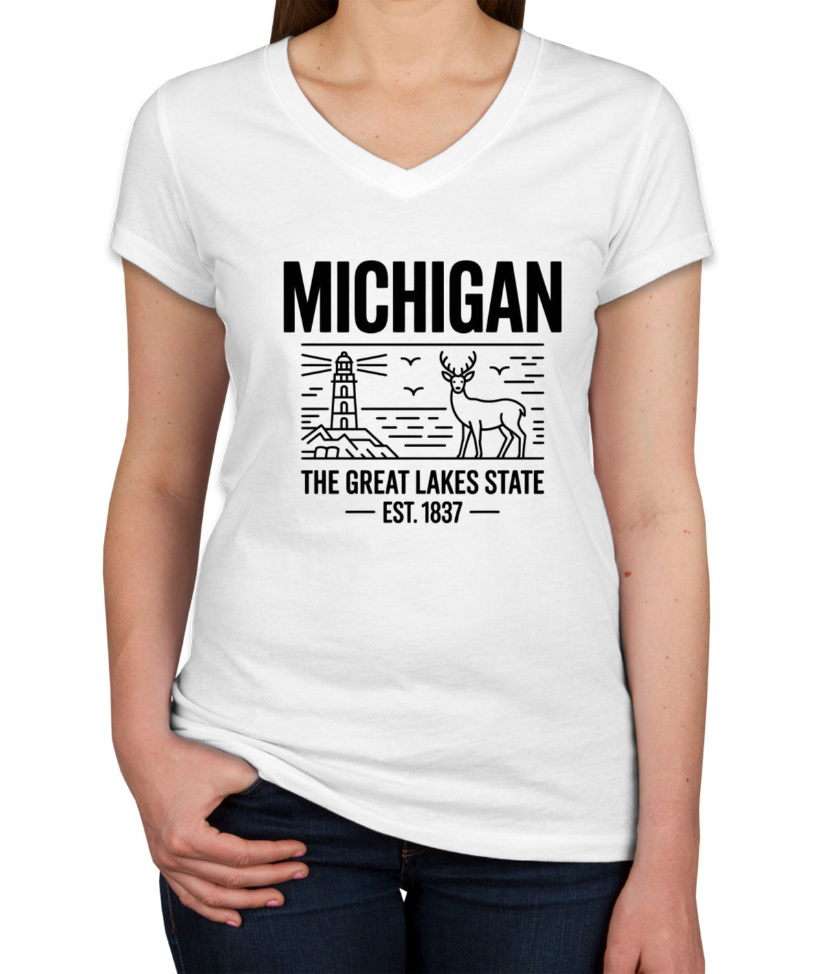 Michigan Cityscape Illustration The Great Lakes State  Women's V Neck T-shirt