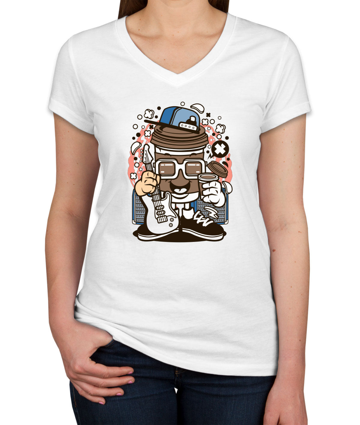 Coffee Cup Rock Cartoon Women's V Neck T-shirt