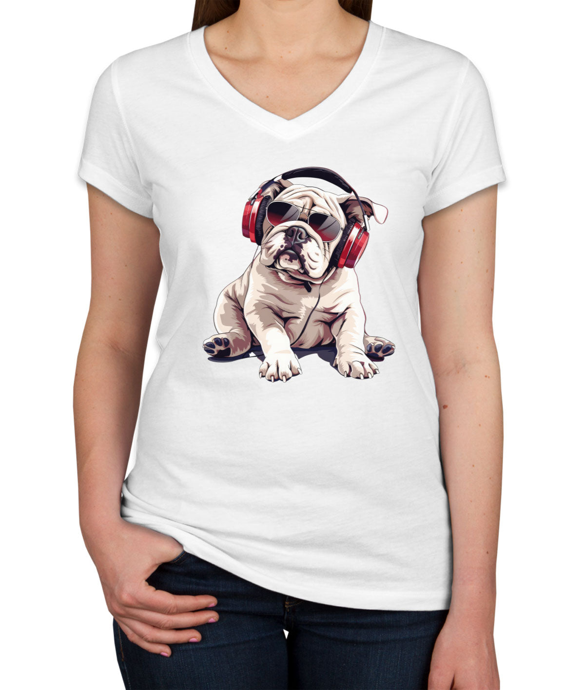 Cool Bulldog With Headphone And Sunglasses Women's V Neck T-shirt