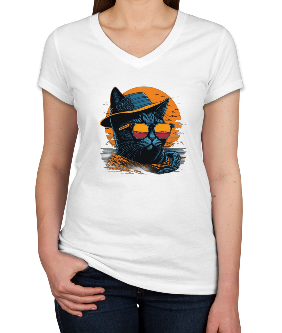 Cool Cat With Hat And Sunglasses Women's V Neck T-shirt