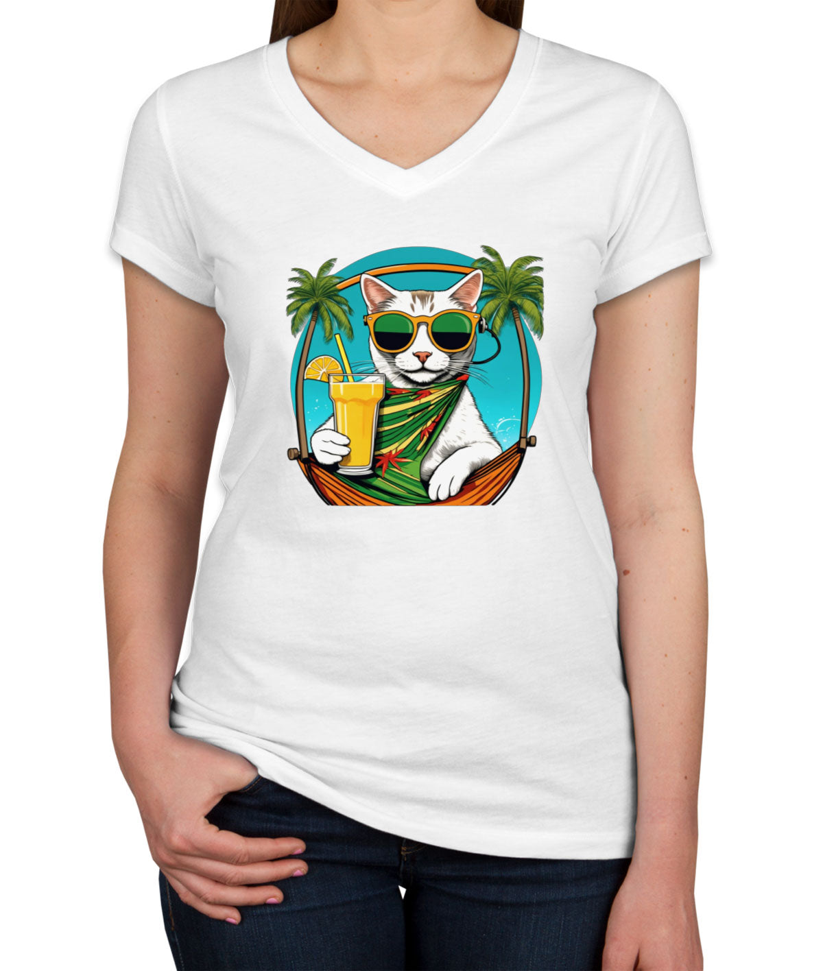 Cool Cat With Sunglasses Women's V Neck T-shirt