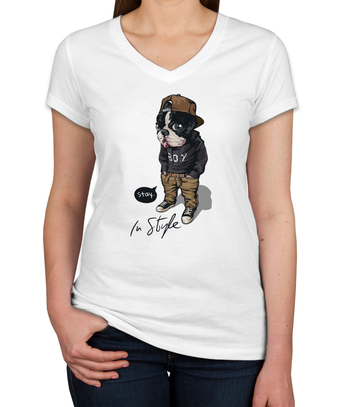 Cool Pug Boy Stay In Style Women's V Neck T-shirt