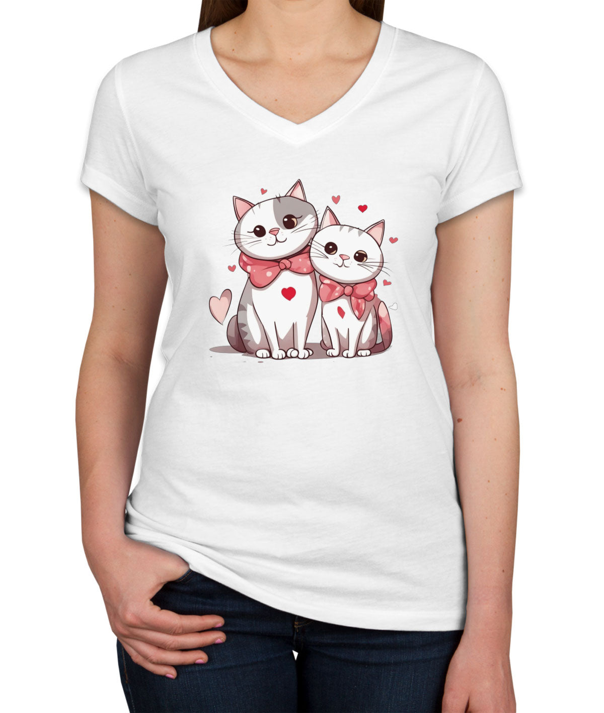 Cute Cat Couples Valentine's Day Women's V Neck T-shirt