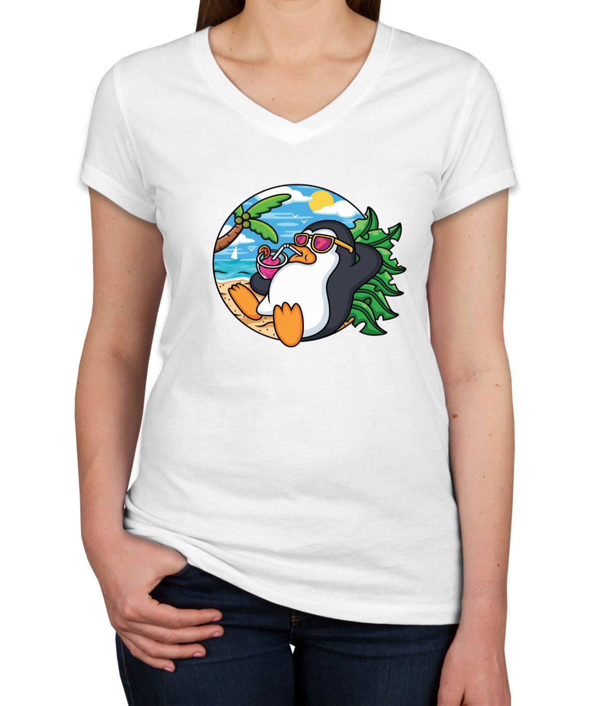 Cartoon Penguin On Vacation Women's V Neck T-shirt