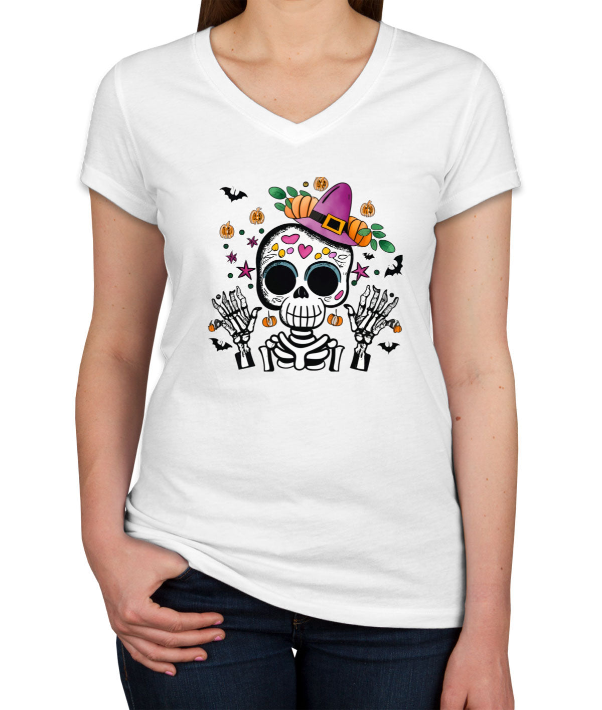 Cute Skeleton Halloween Women's V Neck T-shirt