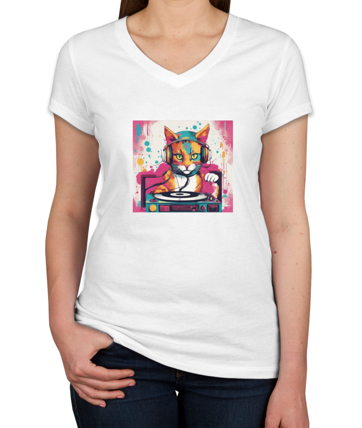 Dj Cat Women's V Neck T-shirt