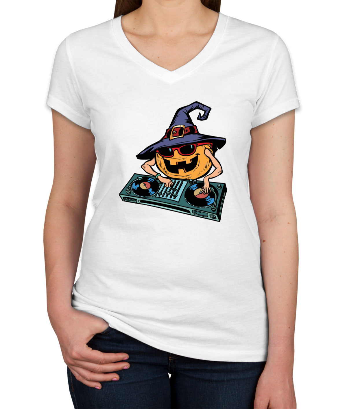 DJ Pumpkin Halloween Women's V Neck T-shirt