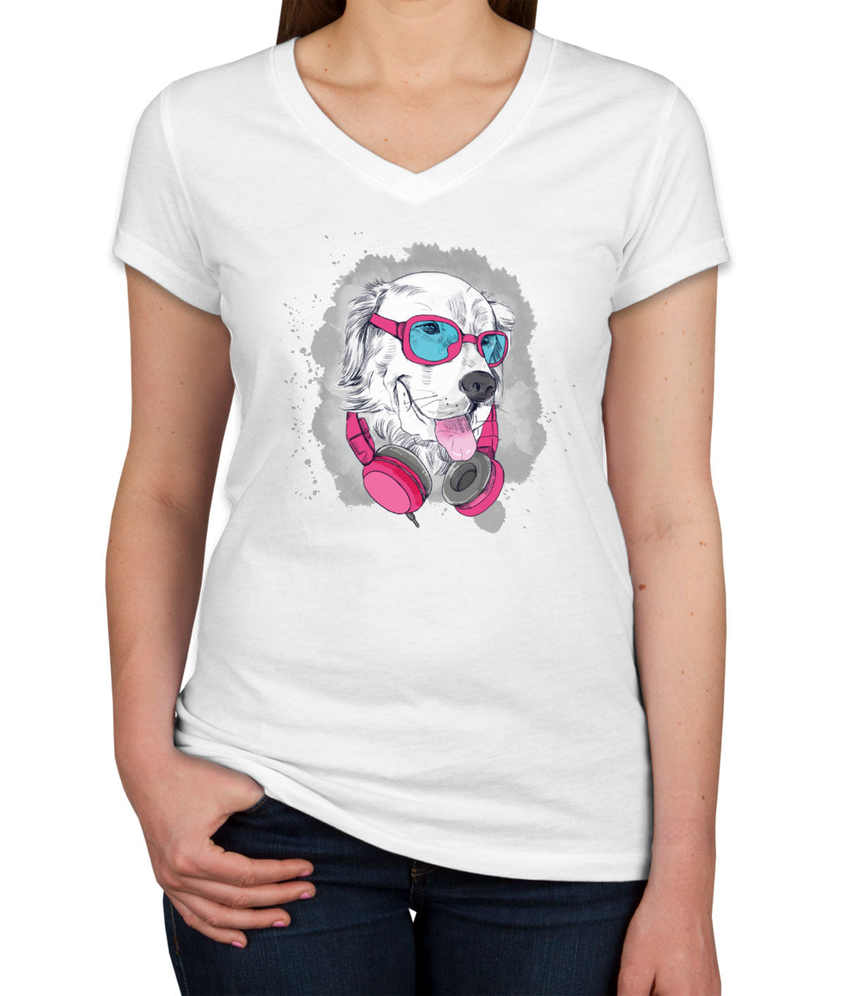 Cool Dog With Headphone Women's V Neck T-shirt