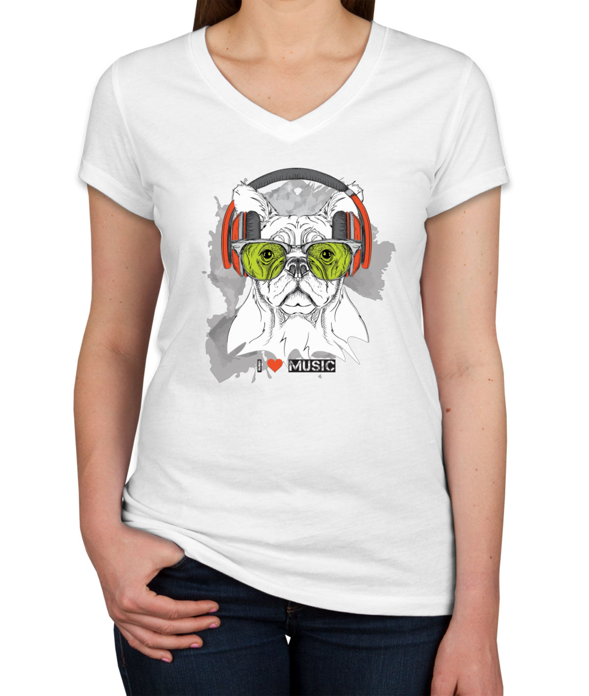 I Love Music Dog With Headphones Women's V Neck T-shirt