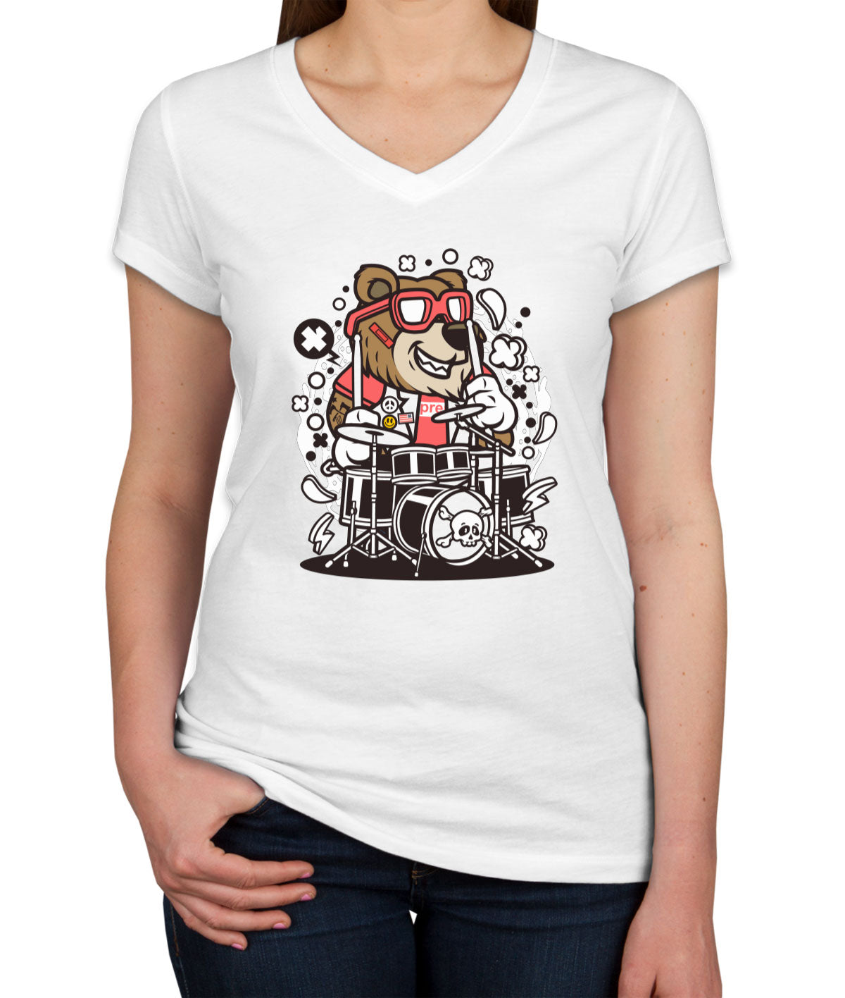 Cool Punk Rock Bear Drummer Women's V Neck T-shirt