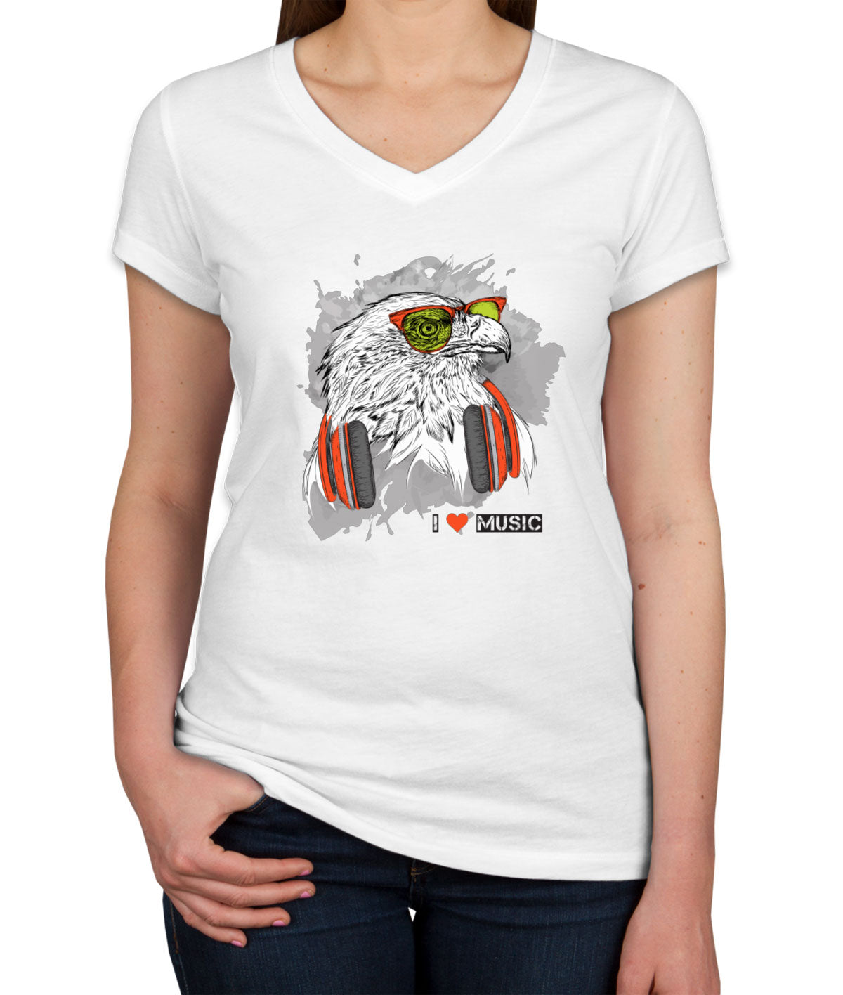 I Love Music Eagle With Headphones Women's V Neck T-shirt