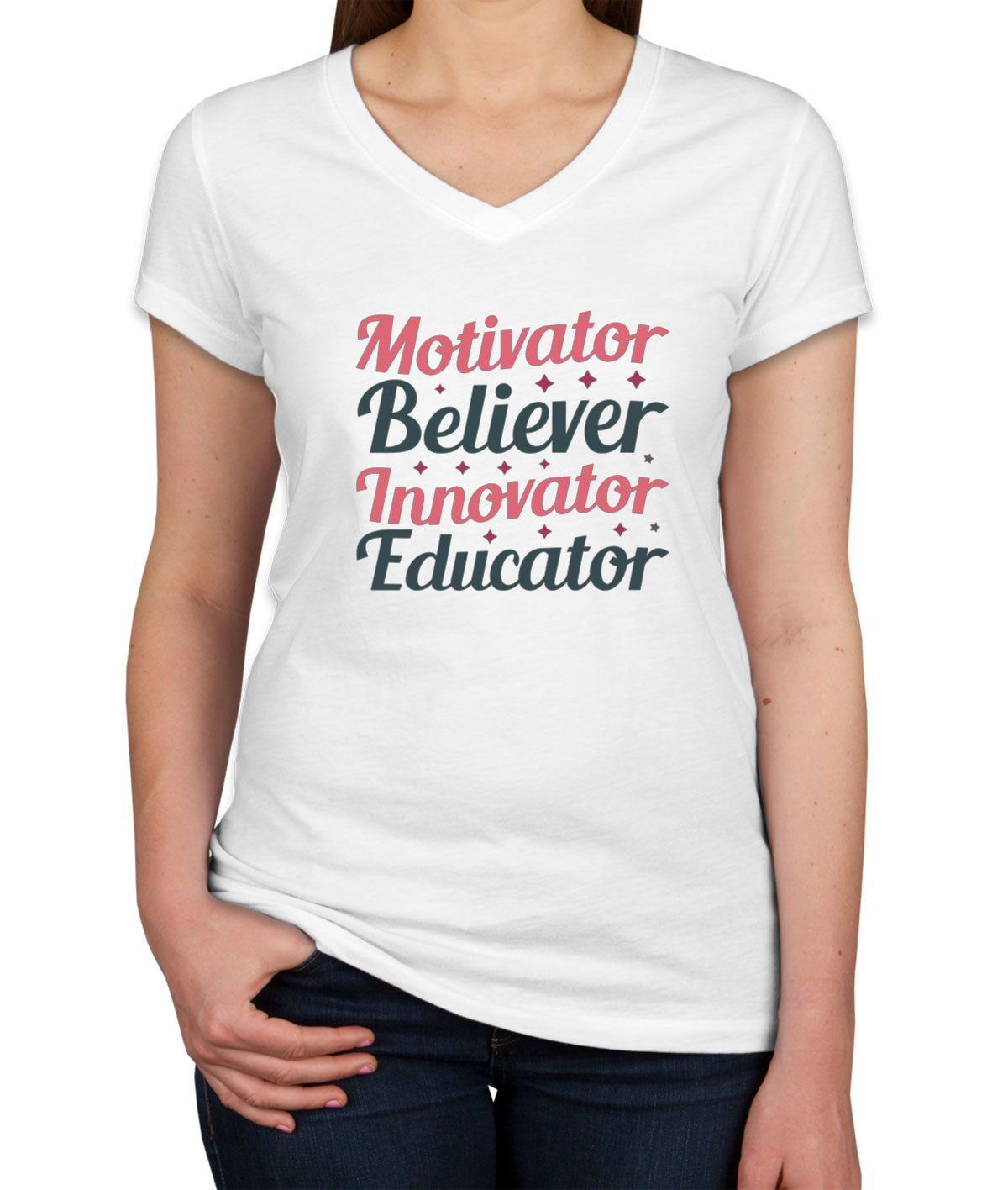 Motivator Believer Innovator Edicator Teacher Women's V Neck T-shirt