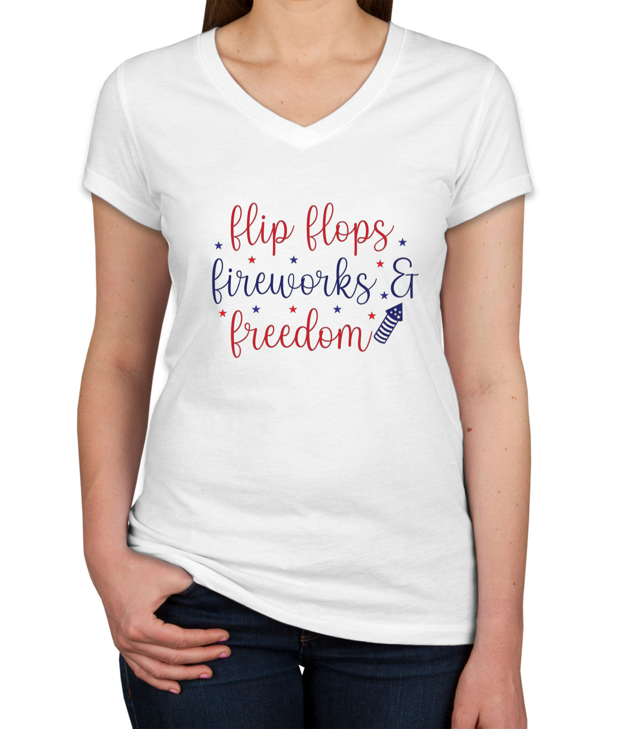 Flip Flops Fireworks And Freedom Patriotic Women's V Neck T-shirt