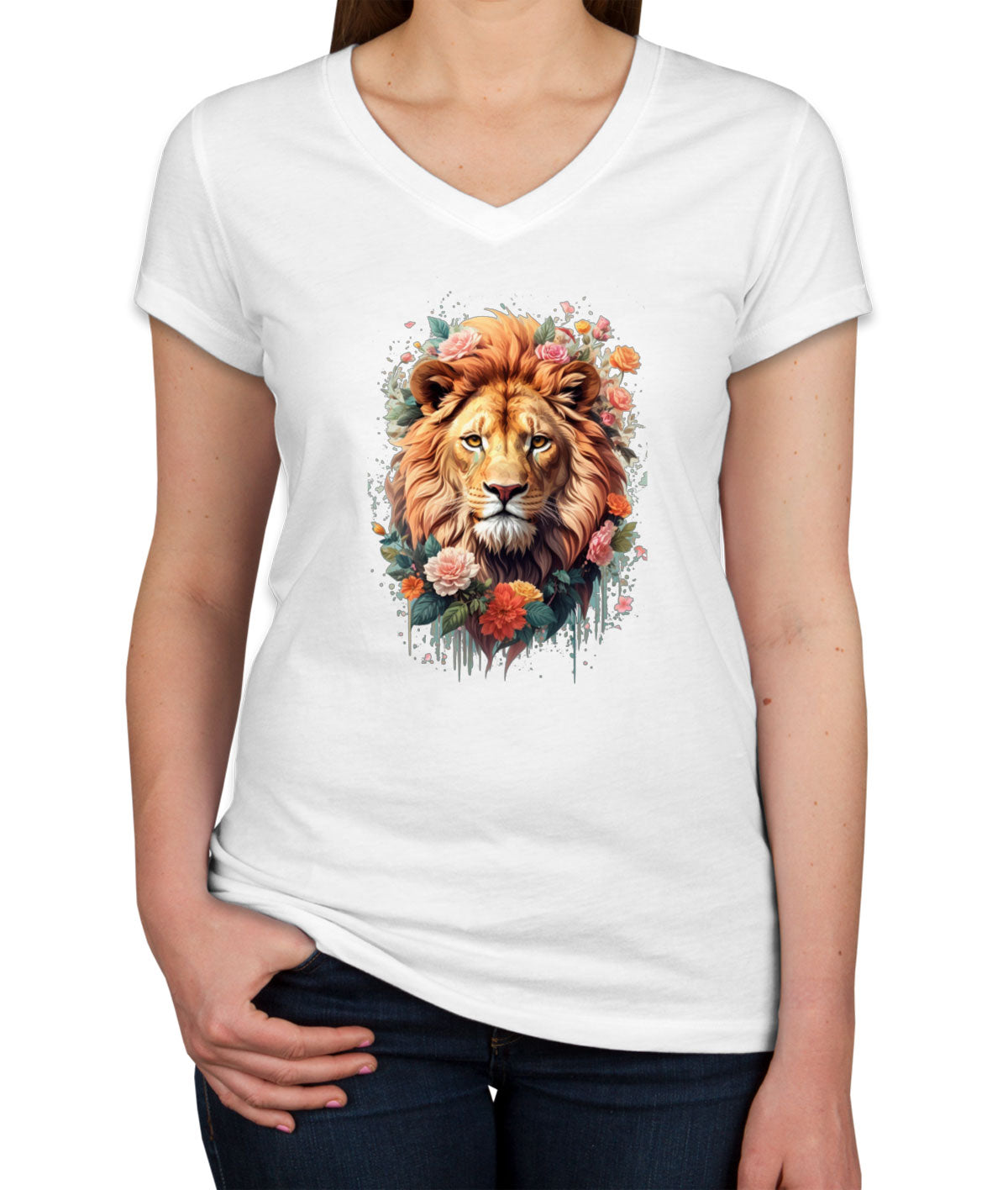 Lion With Floral Design Women's V Neck T-shirt