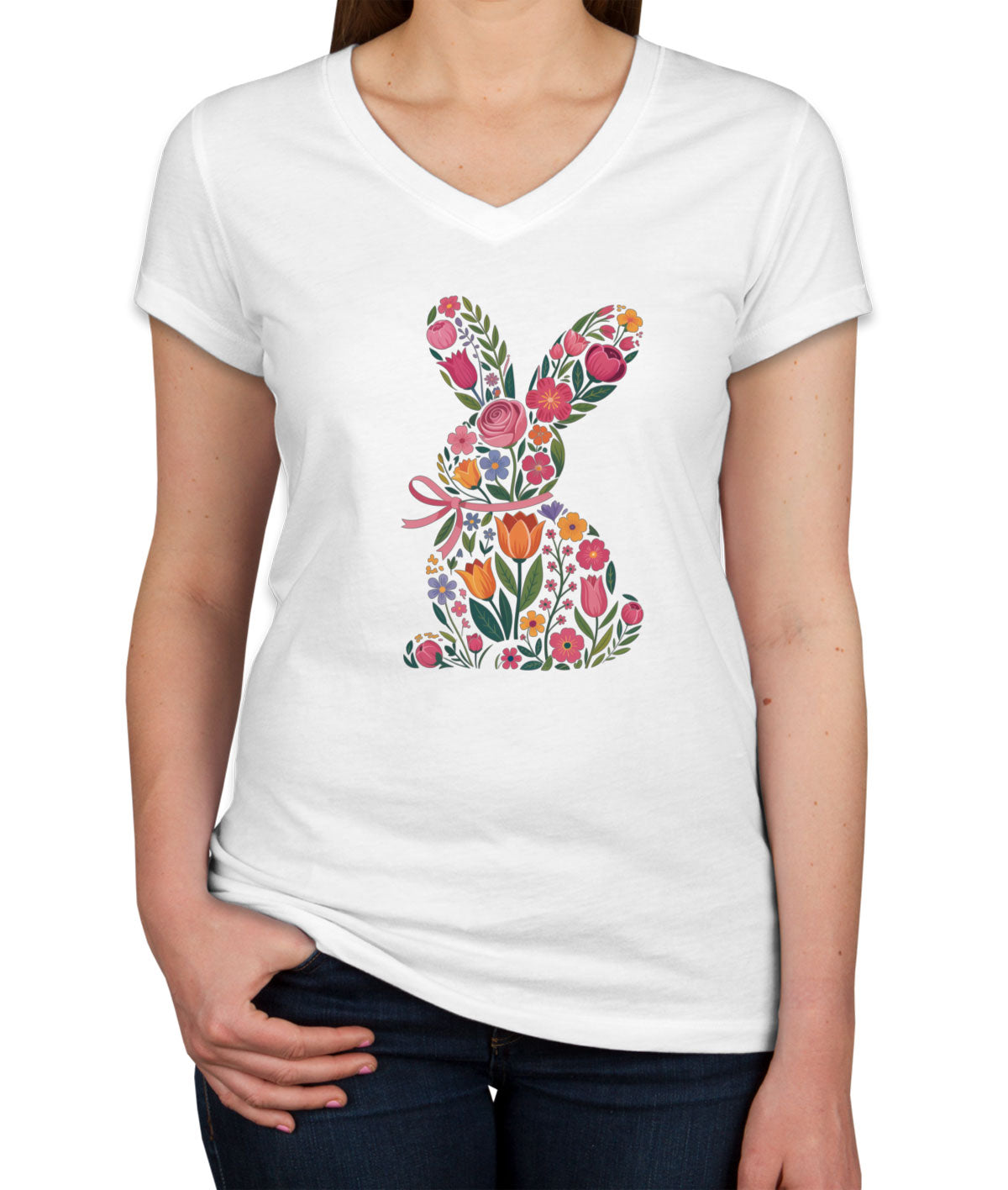 Floral Bunny Easter Women's V Neck T-shirt