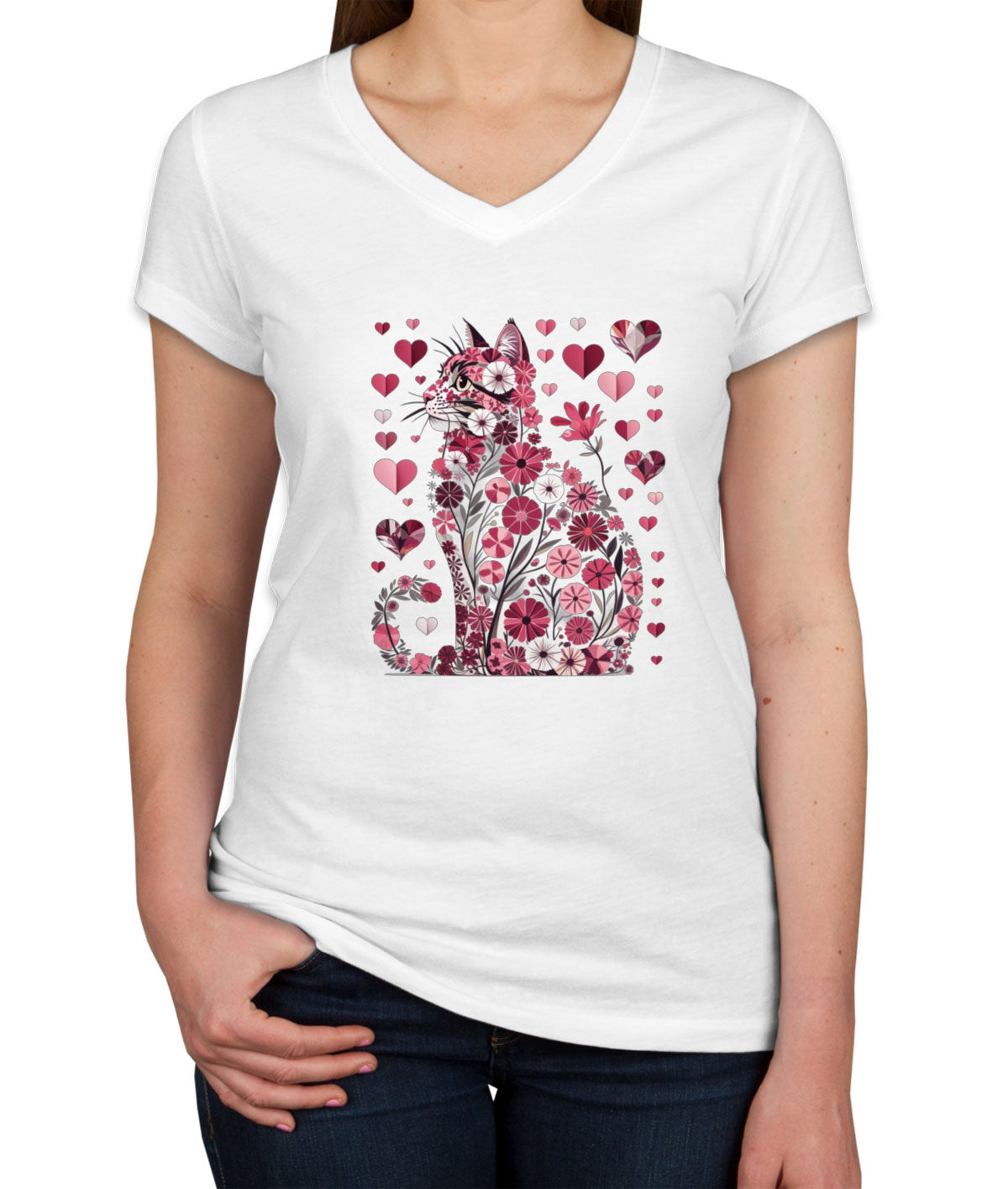 Floral Cat Valentine's Day Women's V Neck T-shirt
