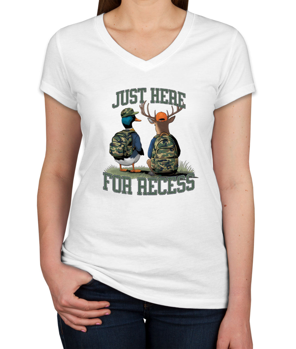 Just Here For Recess Duck And Deer Hunting Women's V Neck T-shirt