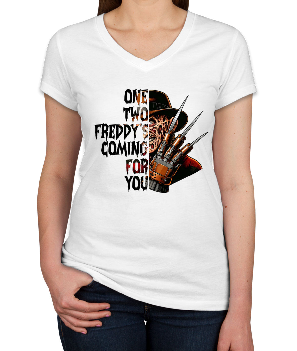 One Two Freddy's Coming For You Halloween Women's V Neck T-shirt
