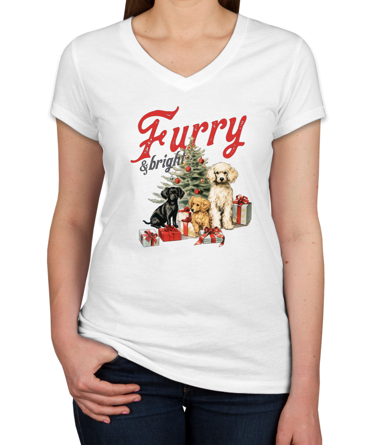 Furry And Bright Christmas Women's V Neck T-shirt