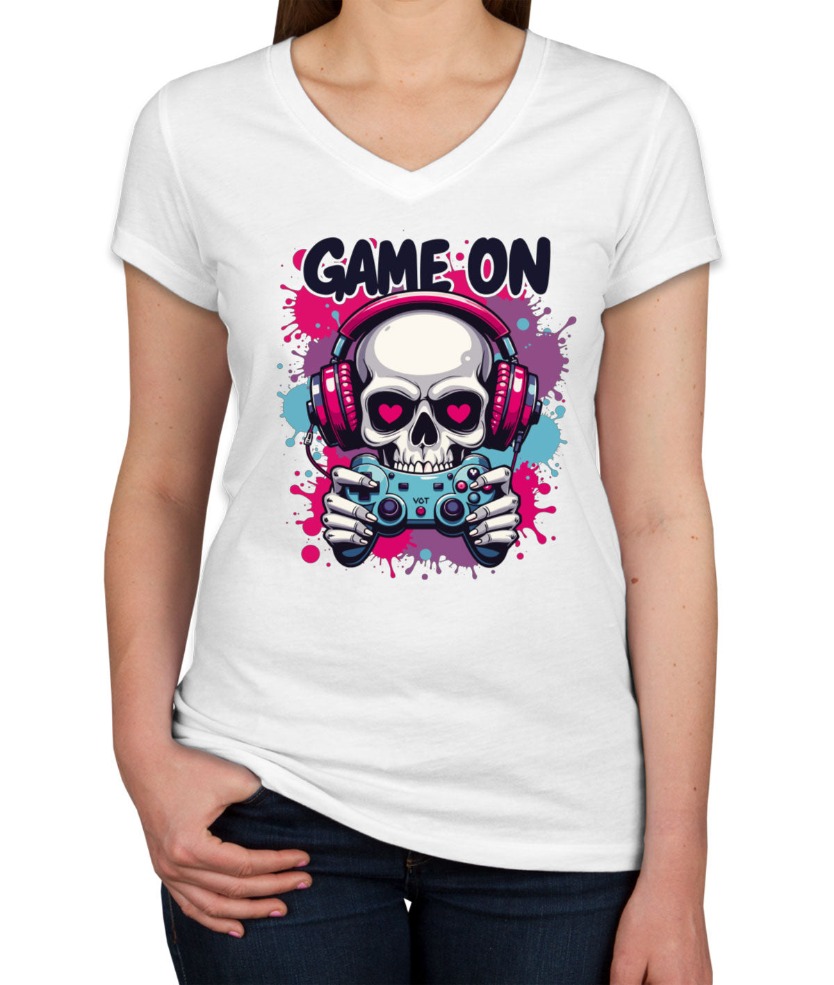 Game On Skull Women's V Neck T-shirt