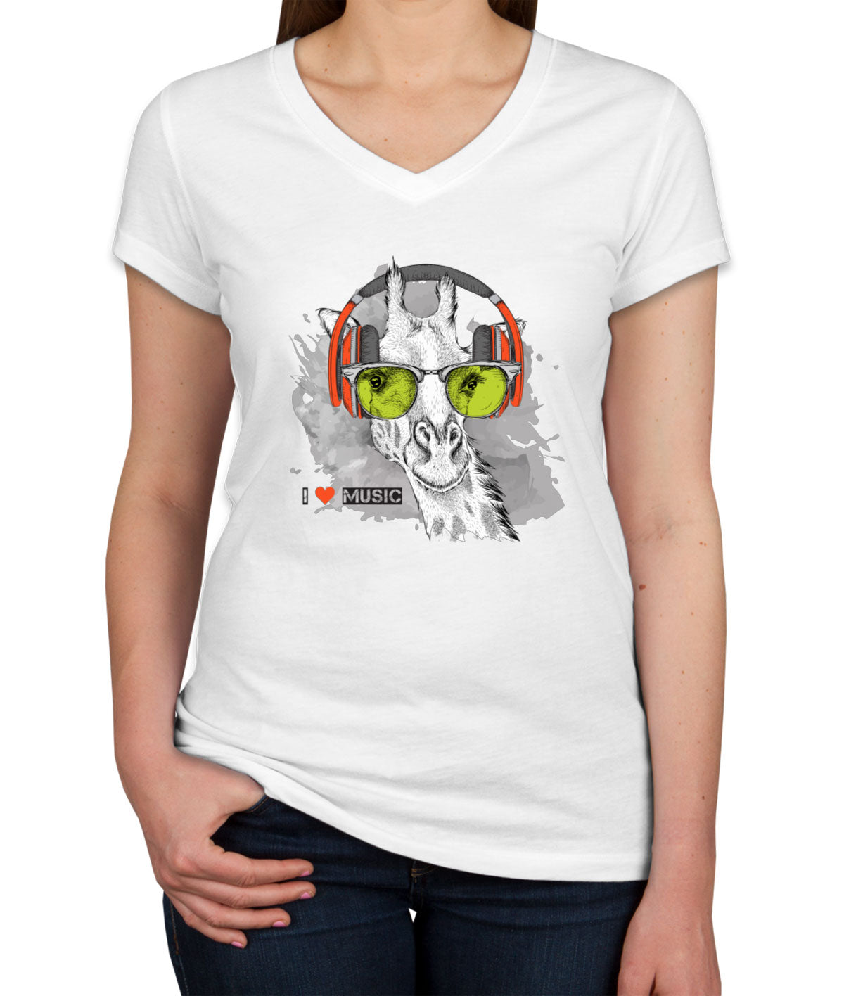 I Love Music Giraffe With Headphones Women's V Neck T-shirt