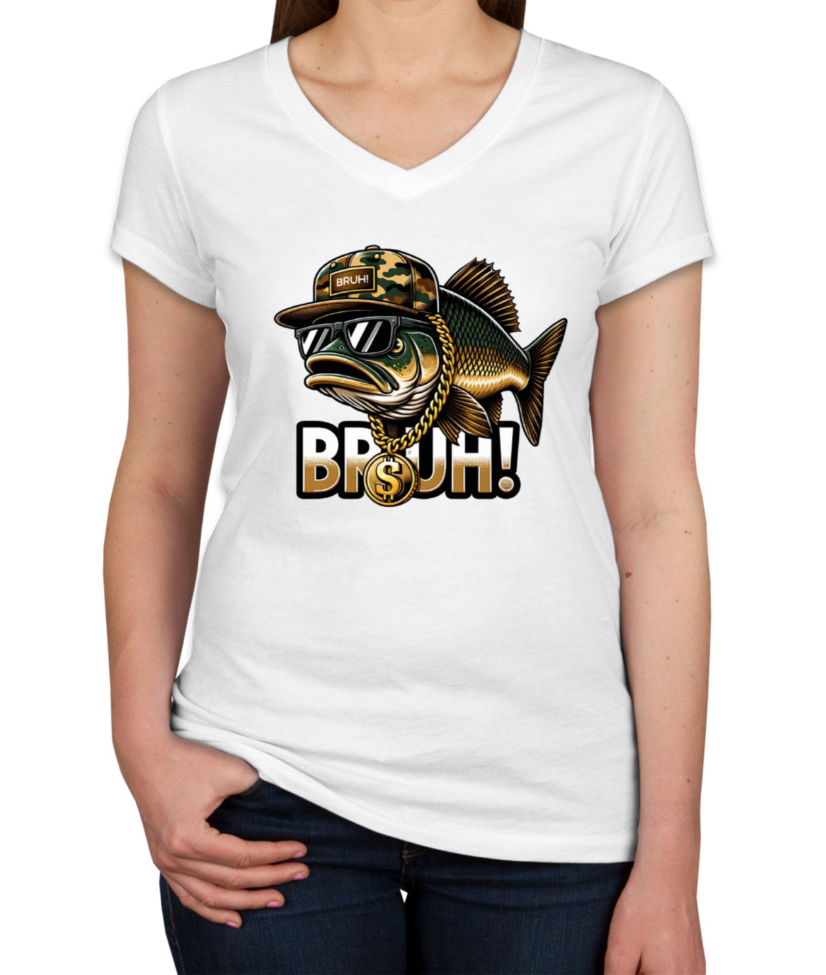 Funny Bass Fishing Women's V Neck T-shirt
