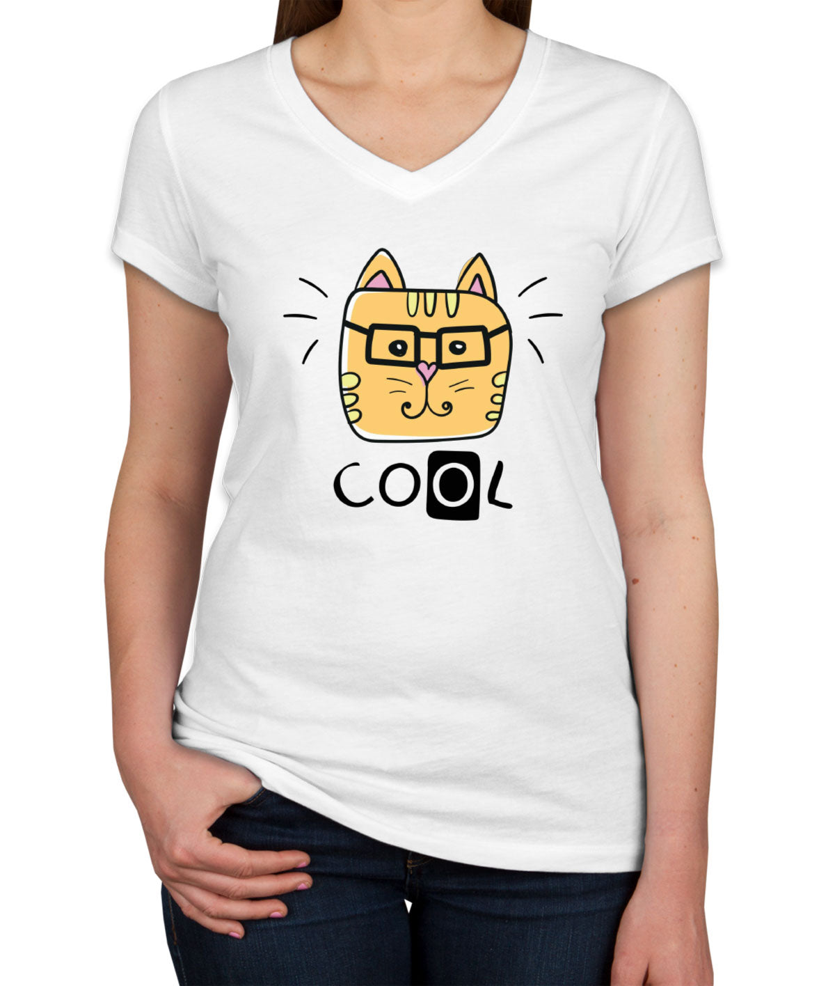 Handdrawing Cool Cat Women's V Neck T-shirt