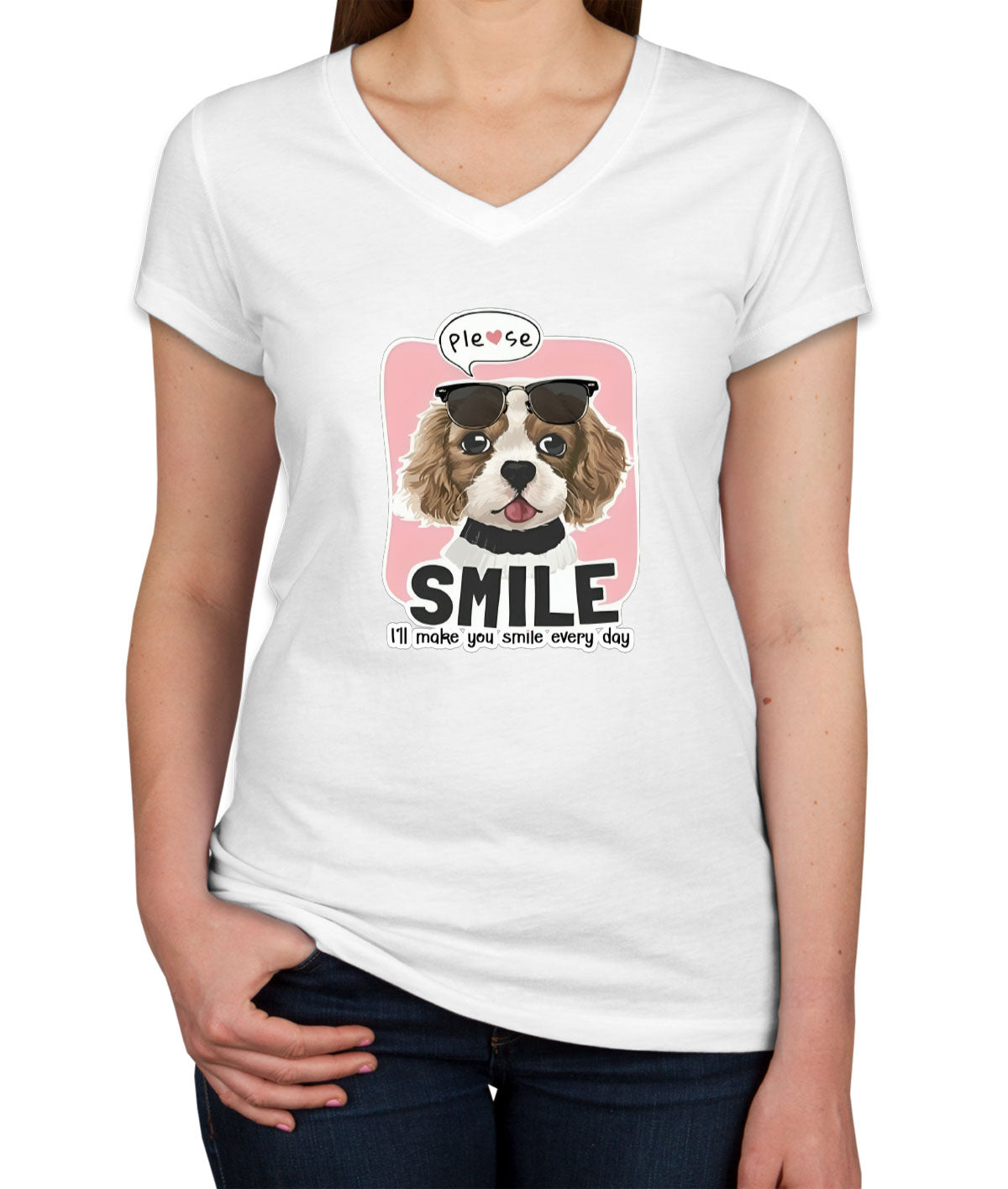 Please Smile Happy Dog Women's V Neck T-shirt