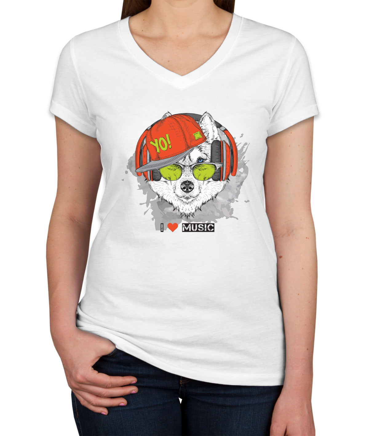 I Love Music Husky With Headphones Women's V Neck T-shirt