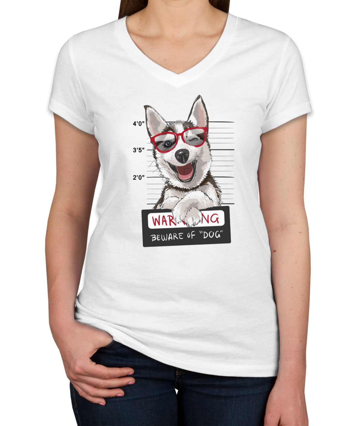 Happy Husky Dog Mugshot Women's V Neck T-shirt