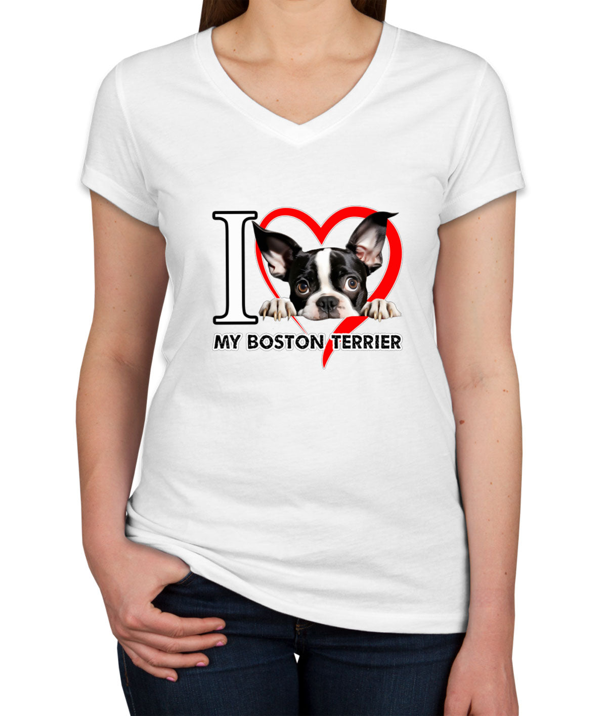 I Love My Boston Terrier Dog Women's V Neck T-shirt