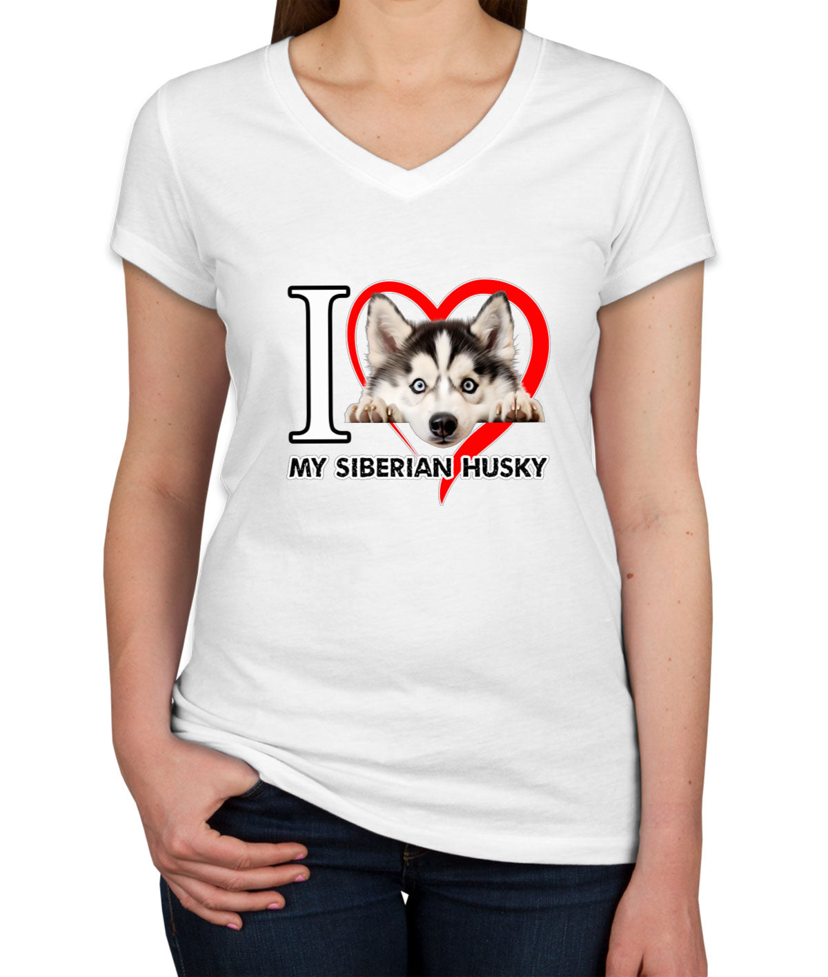 I Love My Siberian Husky Dog Women's V Neck T-shirt